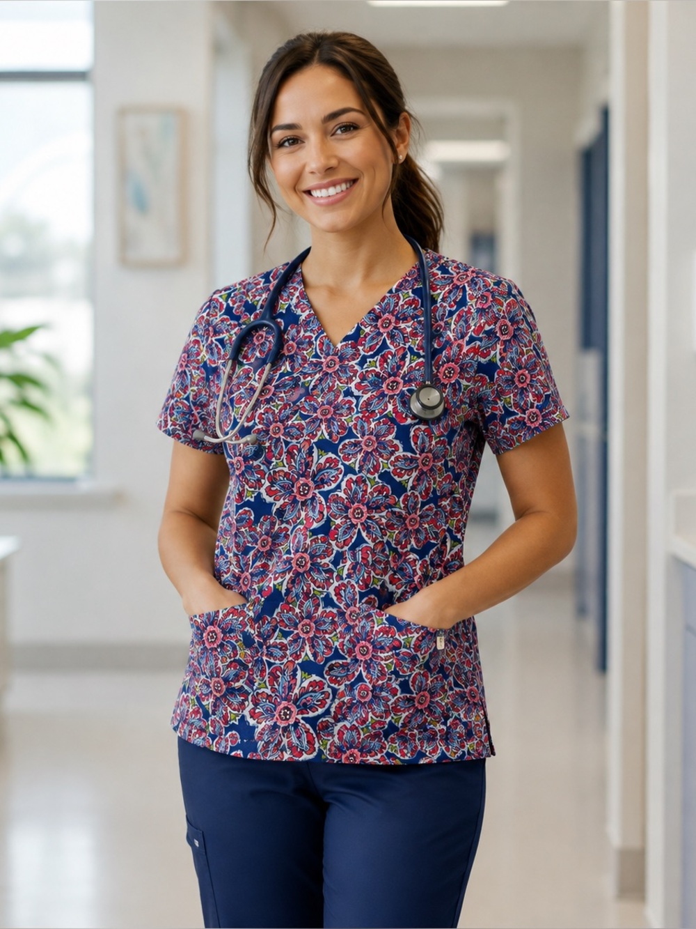 Vera Bradley XS Paisley Floral Scrub Top Womens V Neck Nurse Medical Uniform